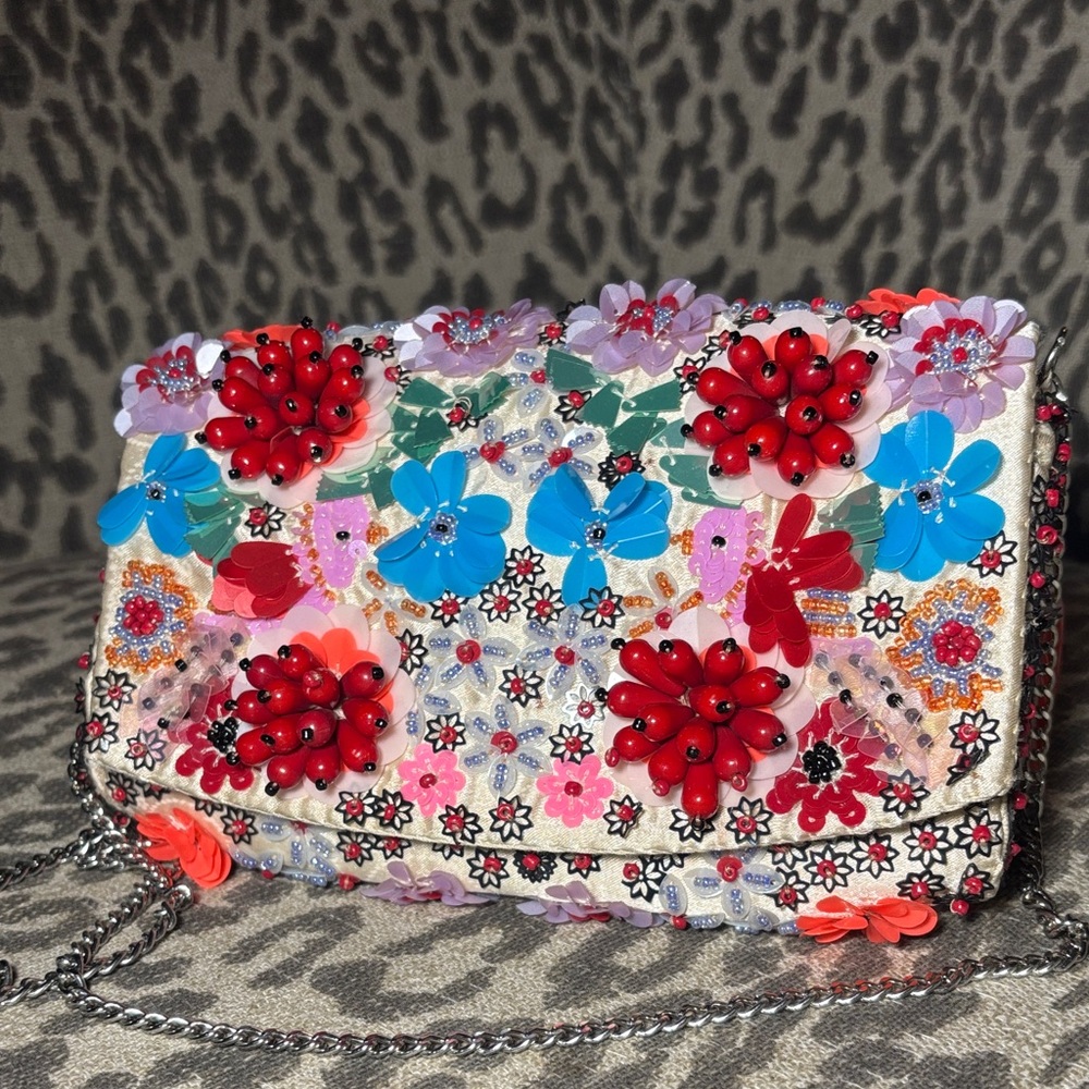 Cutie floral multicolor beaded crossbody handbag vibrant colorful fun bag